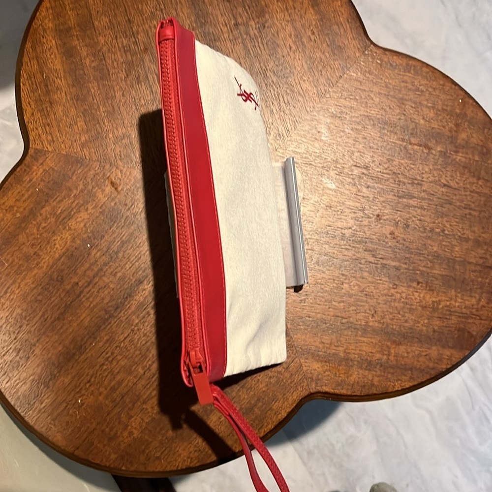 YSL Beaute Wristlet cosmetic case/pouch fabric Ivory cream/red trim & logo NWO - Picture 5 of 13